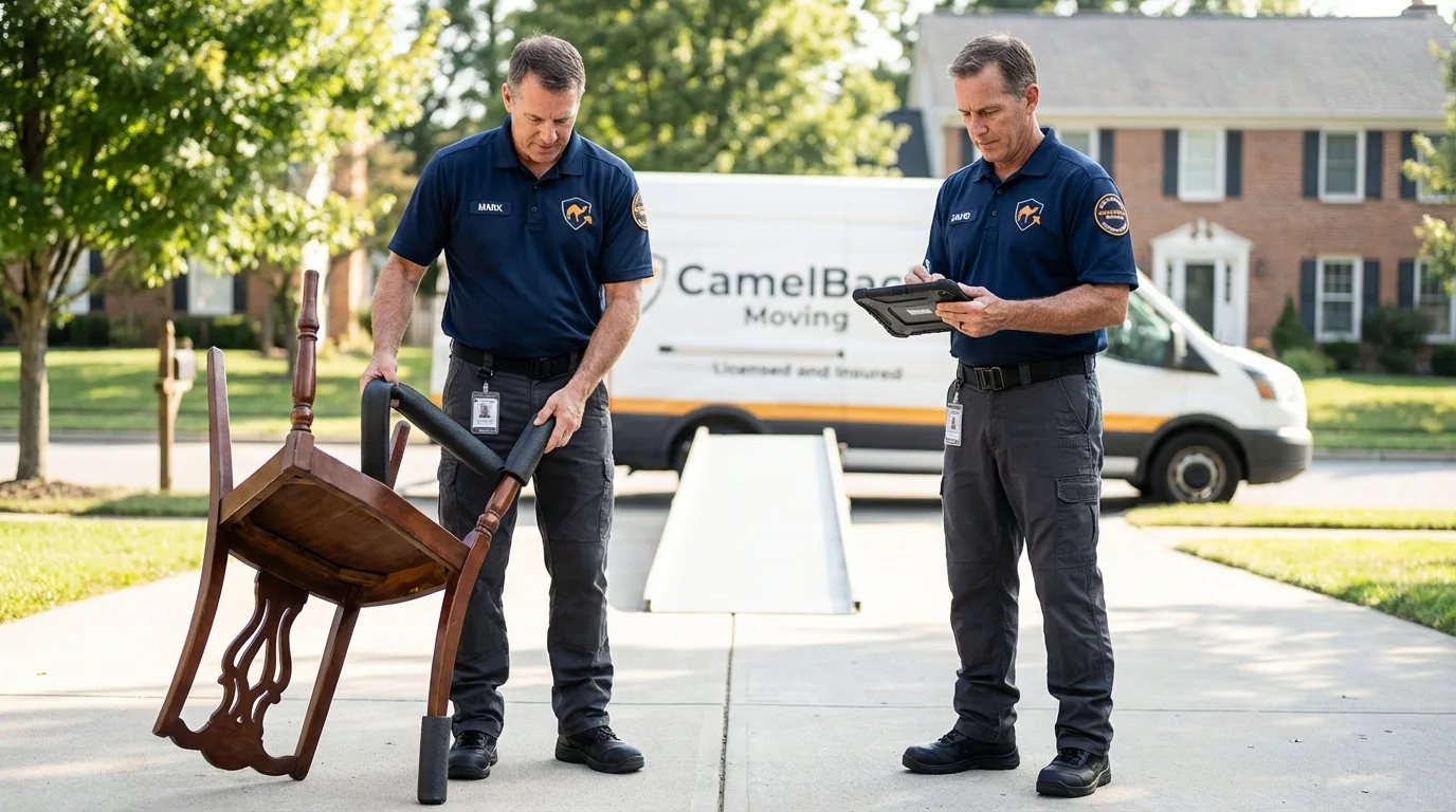 Movers inspecting furniture for damage prevention before loading in Red Lake Falls, MN