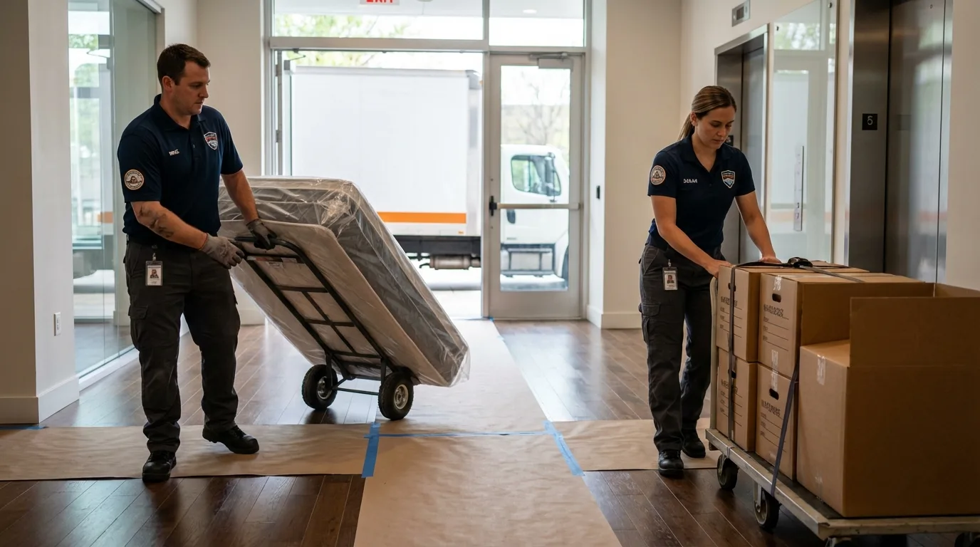 Professional apartment movers loading elevator in Red Lake Falls, MN